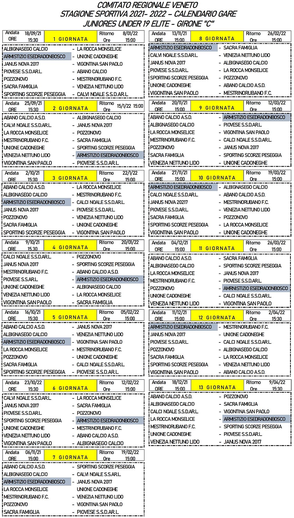 Calendario SS 2021-2022 Veneto Juniores Elite U19 Girone C