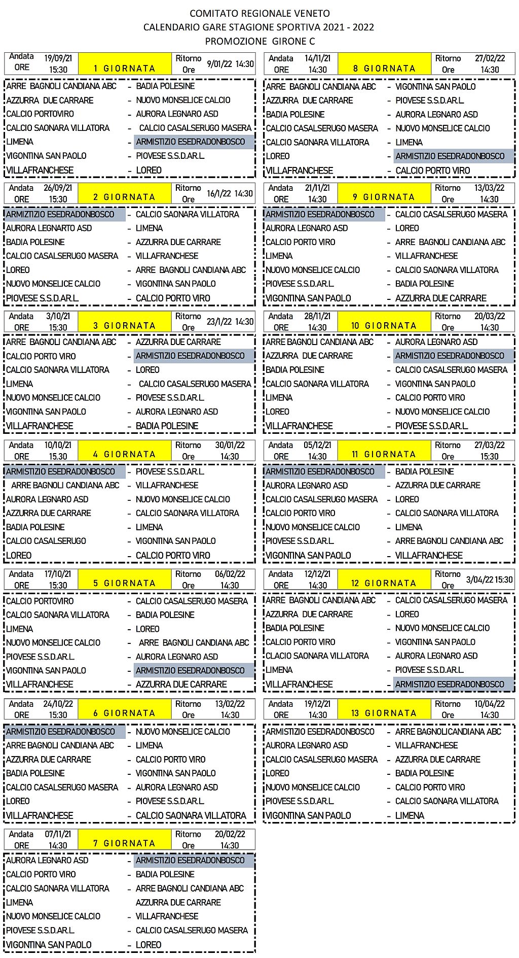 Calendario stagione Sportiva 2021-2022 Veneto Promozione girone C
