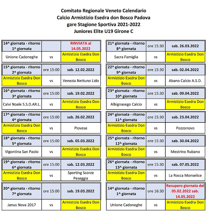 Comitato Regionale Veneto Calendario Calcio Armistizio Esedra don Bosco Padova gare Stagione Sportiva 2021-2022 Juniores Elite U19 Girone C