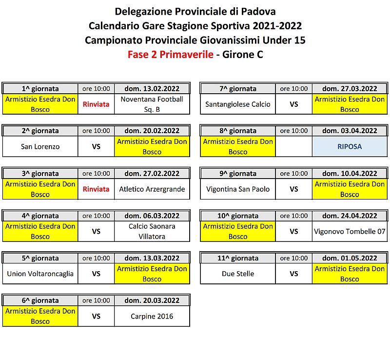 Calendario Giovanissimi Provinciali U15 Fase 2 Primaverile Padova Girone C SS 2021-2022