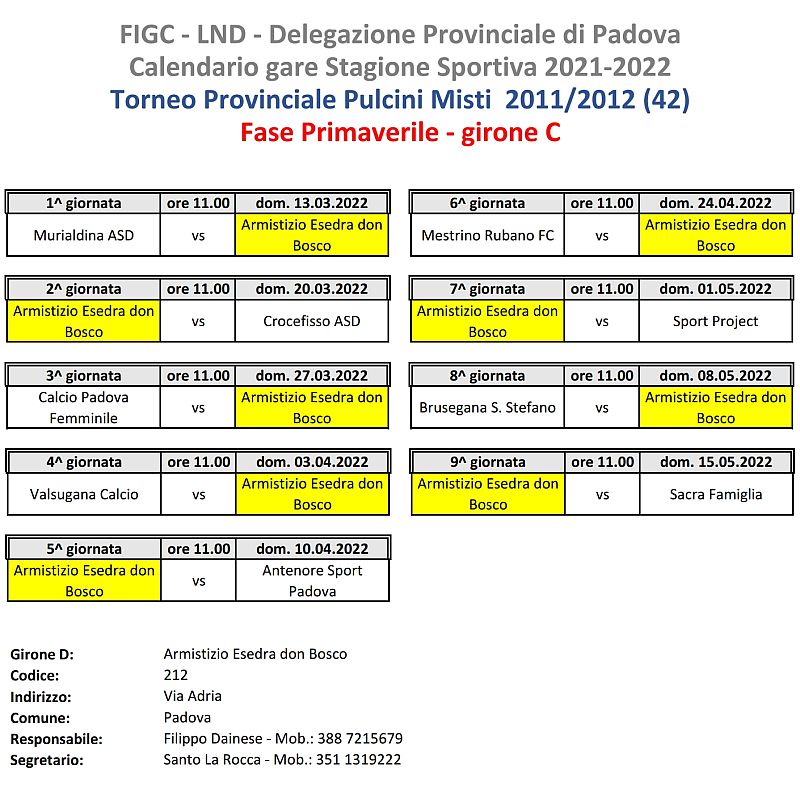 Calcio Armistizio Esedra don Bosco Calendario gare SS 2021-2022 Torneo Provinciale di Padova Pulcini Misti 2011-2012 Fase Primaverile girone C