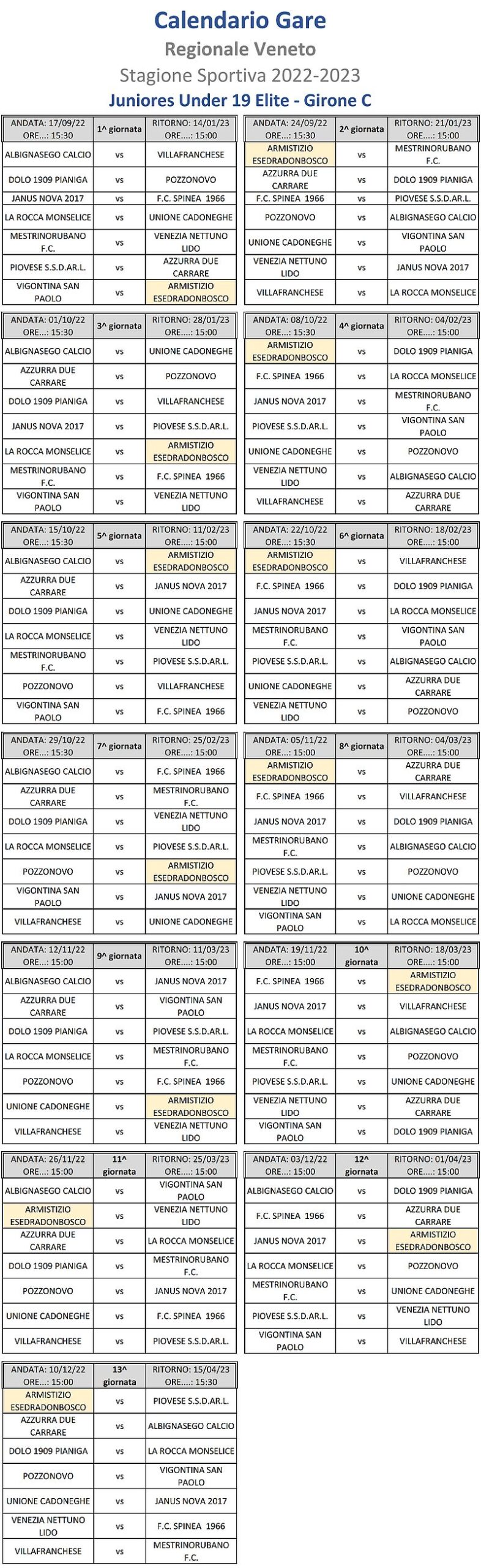 Calendatio Gare Regionale Veneto Juniores Under 19 Elite girone C SS 2022-2023