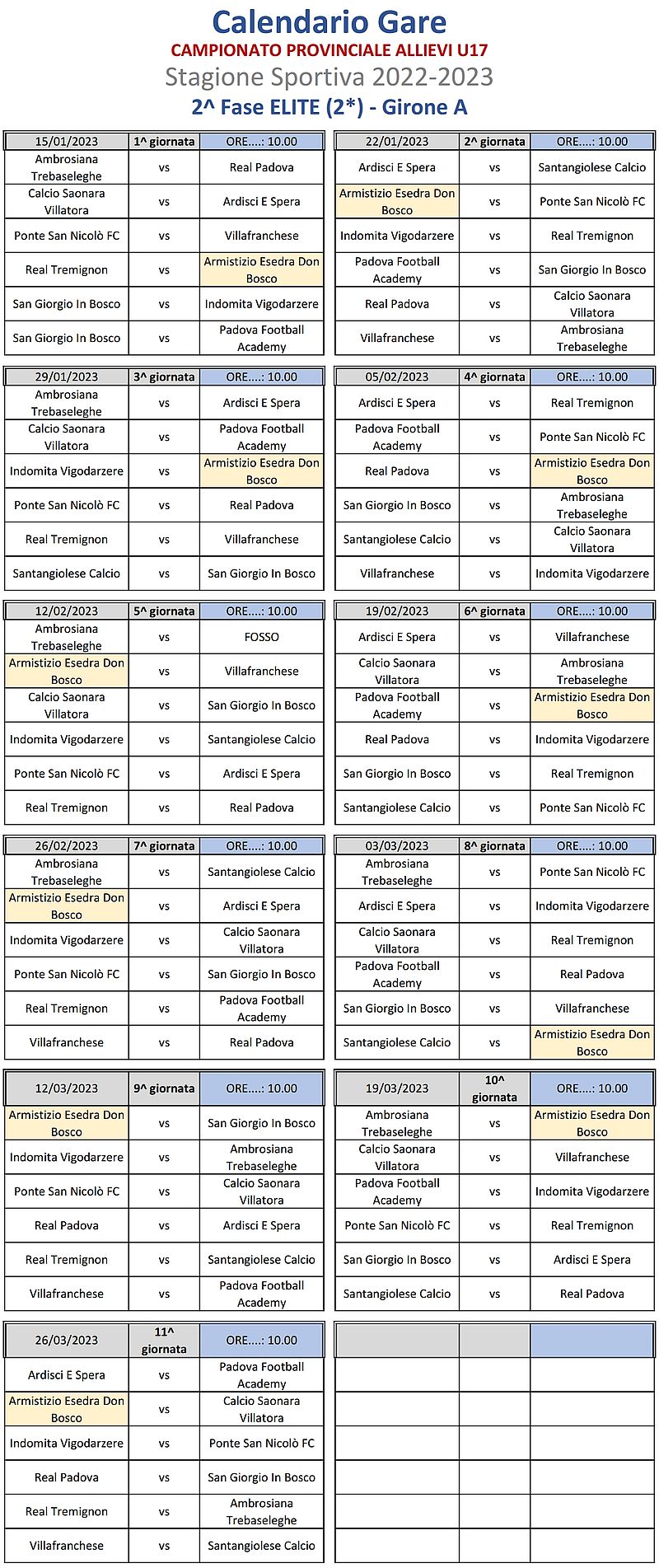 Calendario 2022 2023 Allievi Provinciali U17 Fase 2 Elite Padova Girone A