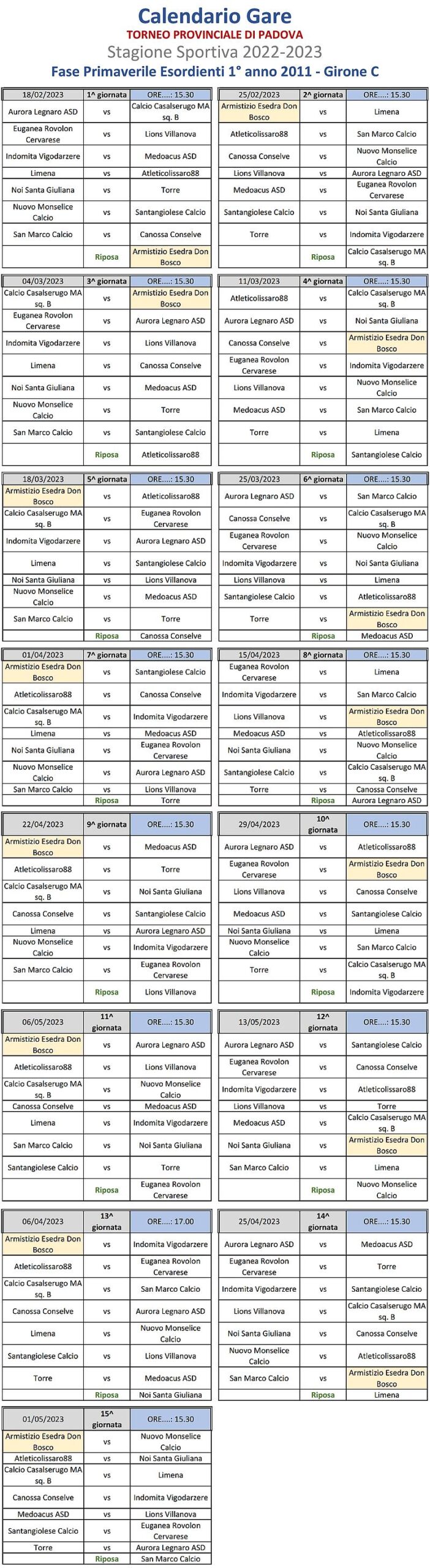 Calendario Torneo Provinciale di Padova SS 2022 2023 Esordienti 1 anno Fase Primaverile Girone C