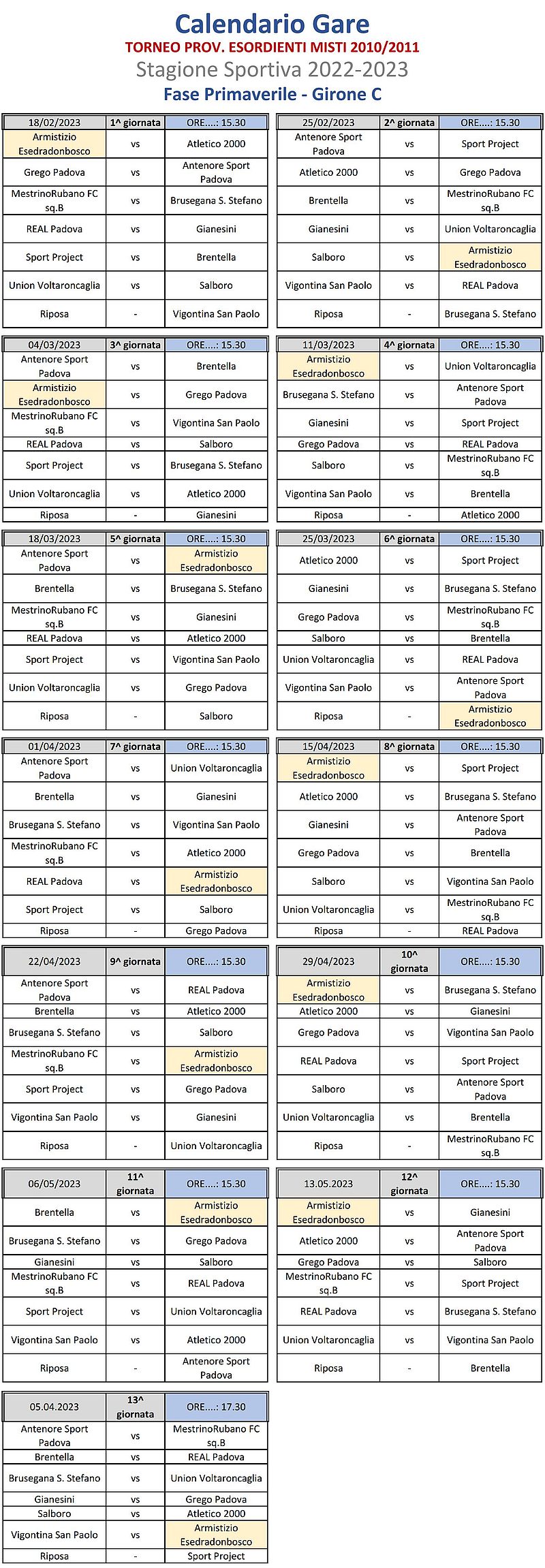 Padova Calendario Gare Torneo Provinciale Esordienti Misti 2010/2011 SS 2022 2023 Fase Primaverile - Girone C