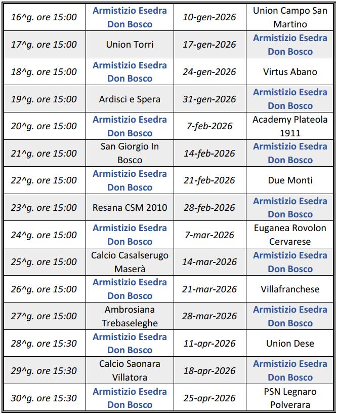 Armistizio Esedra don Bosco Calendario RITORNO Juniores Regionali U19 Girone C