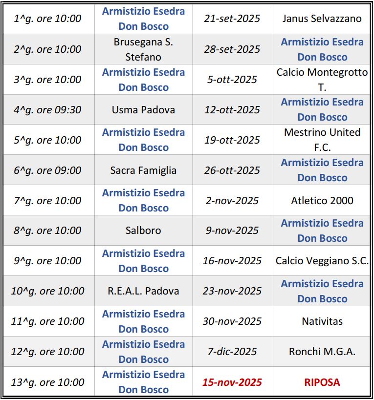 Calendario Gare ANDATA Armistizio Esedra Don Bosco Allievi Provinciali U17 Padova Girone C SS 2025 2026